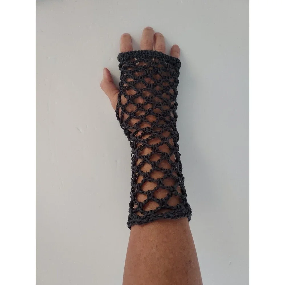 Fishnet Homemade Gray Crochet Long Fingerless Gloves Mesh Goth Cotton NEW